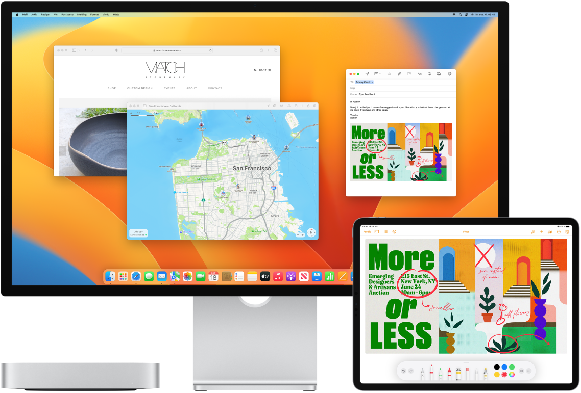 En Mac mini og iPad vises ved siden av hverandre. iPad-skjermen viser en brosjyre med merknader. Mac mini-skjermen viser en Mail-melding med brosjyren fra iPaden lagt ved som et vedlegg.
