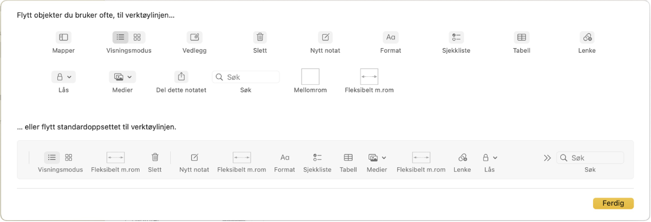 Et Notater-vindu som viser hvilke alternativer for tilpasning som finnes.