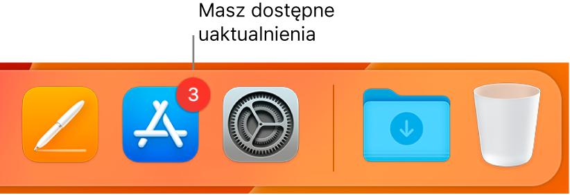 Fragment Docka zawierający ikonę App Store z plakietką wskazującą na dostępność uaktualnień.