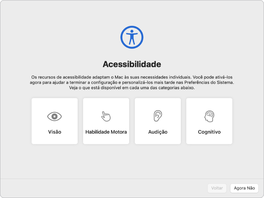A tela de um Mac mostrando opções de Acessibilidade no Assistente de Configuração.
