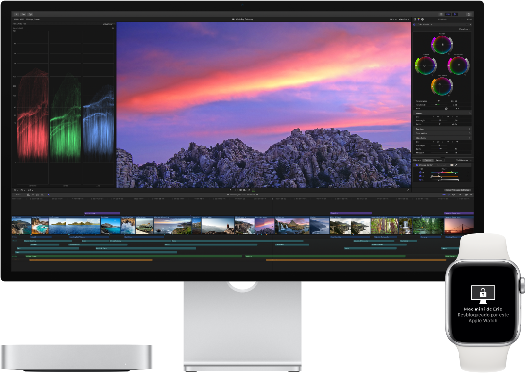 Um Mac mini e seu monitor, ao lado de um Apple Watch mostrando a mensagem de que o Mac foi desbloqueado pelo relógio.