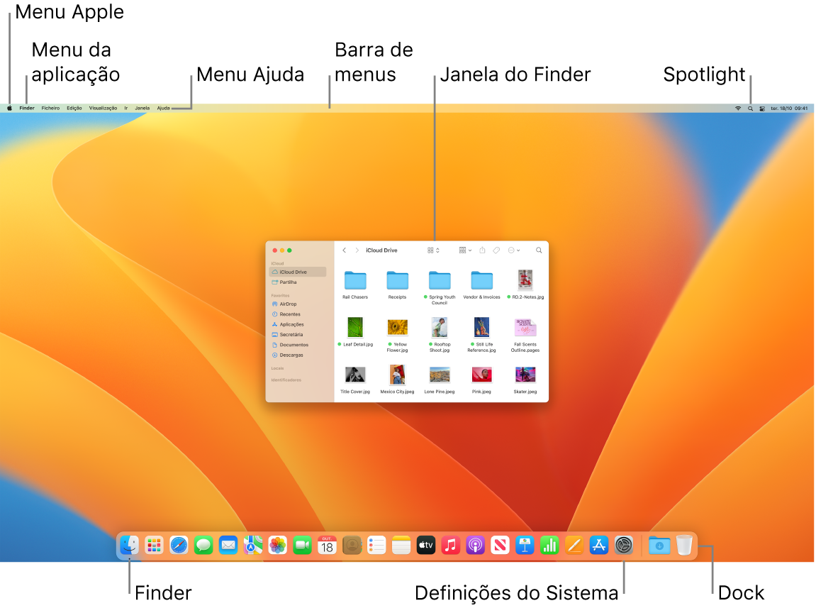 Ecrã do Mac que mostra o menu Apple, o menu da aplicação, o menu Ajuda, a barra de menus, uma janela do Finder, o ícone do Spotlight, o ícone do Finder, o ícone das Definições do Sistema e a Dock.