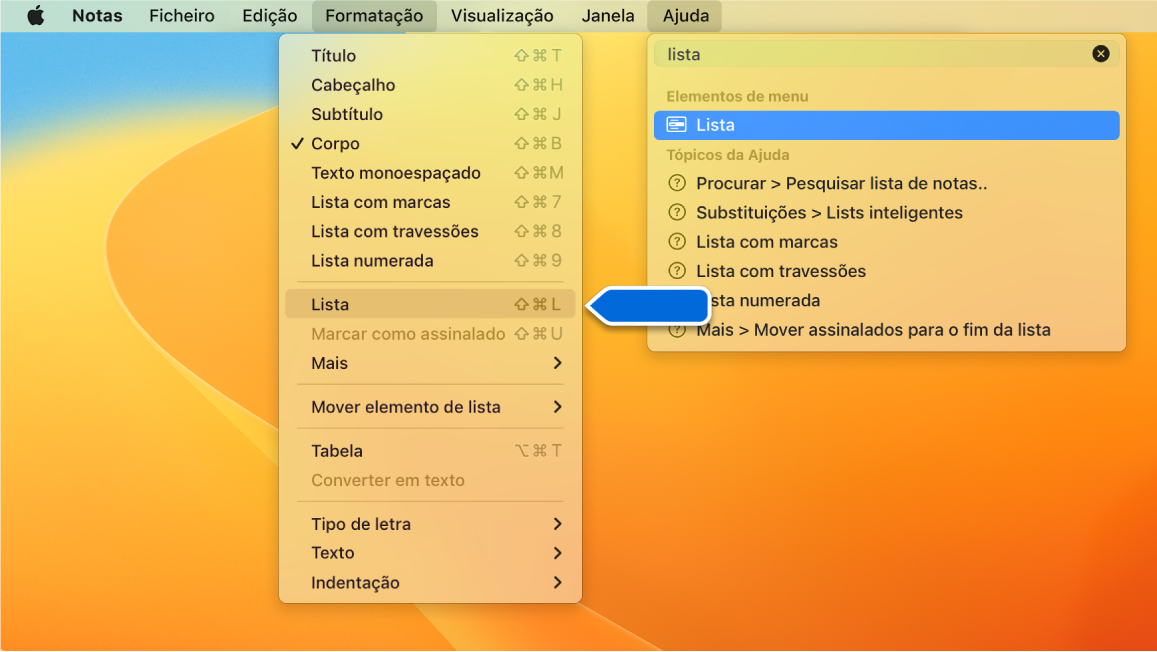 O menu Ajuda a mostrar uma pesquisa por “lista” com “Lista” realçado no menu Formatação.