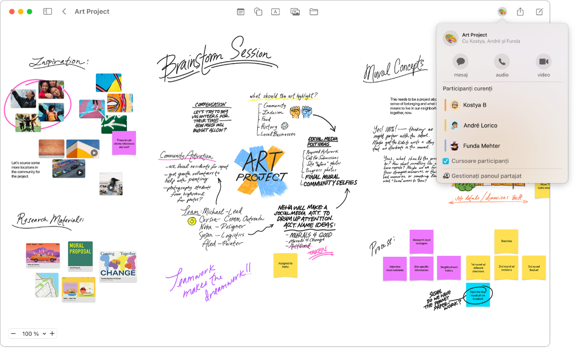 Un panou Freeform cu fila de colaborare deschisă și exemple ale unei sesiuni de brainstorming.
