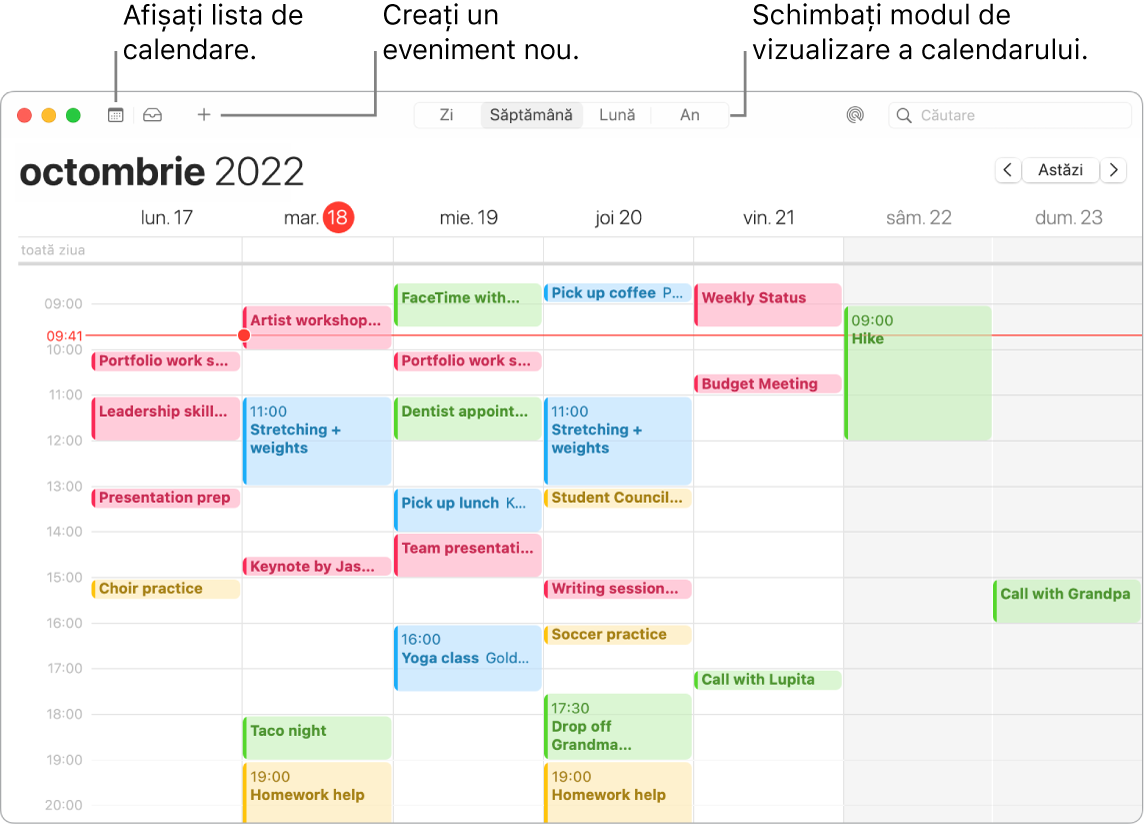 O fereastră Calendar care afișează lista calendarelor, cum să creați un eveniment și cum alegeți vizualizarea Zi, Săptămână, Lună sau An.