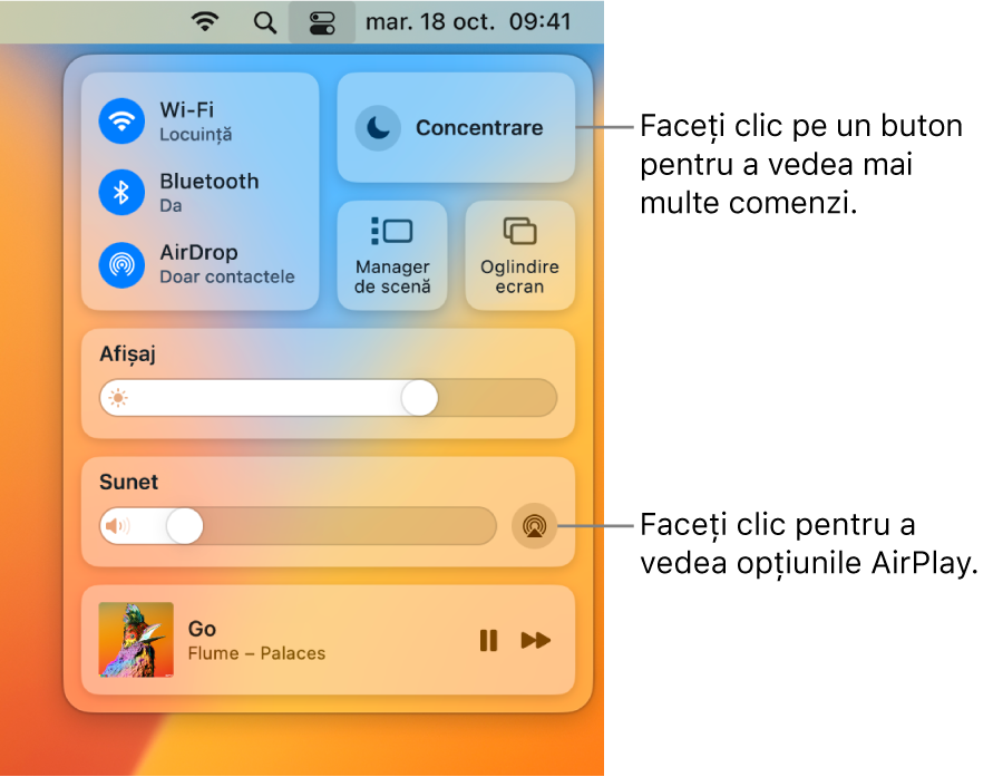 Vizualizare mărită a centrului de control de pe Mac.