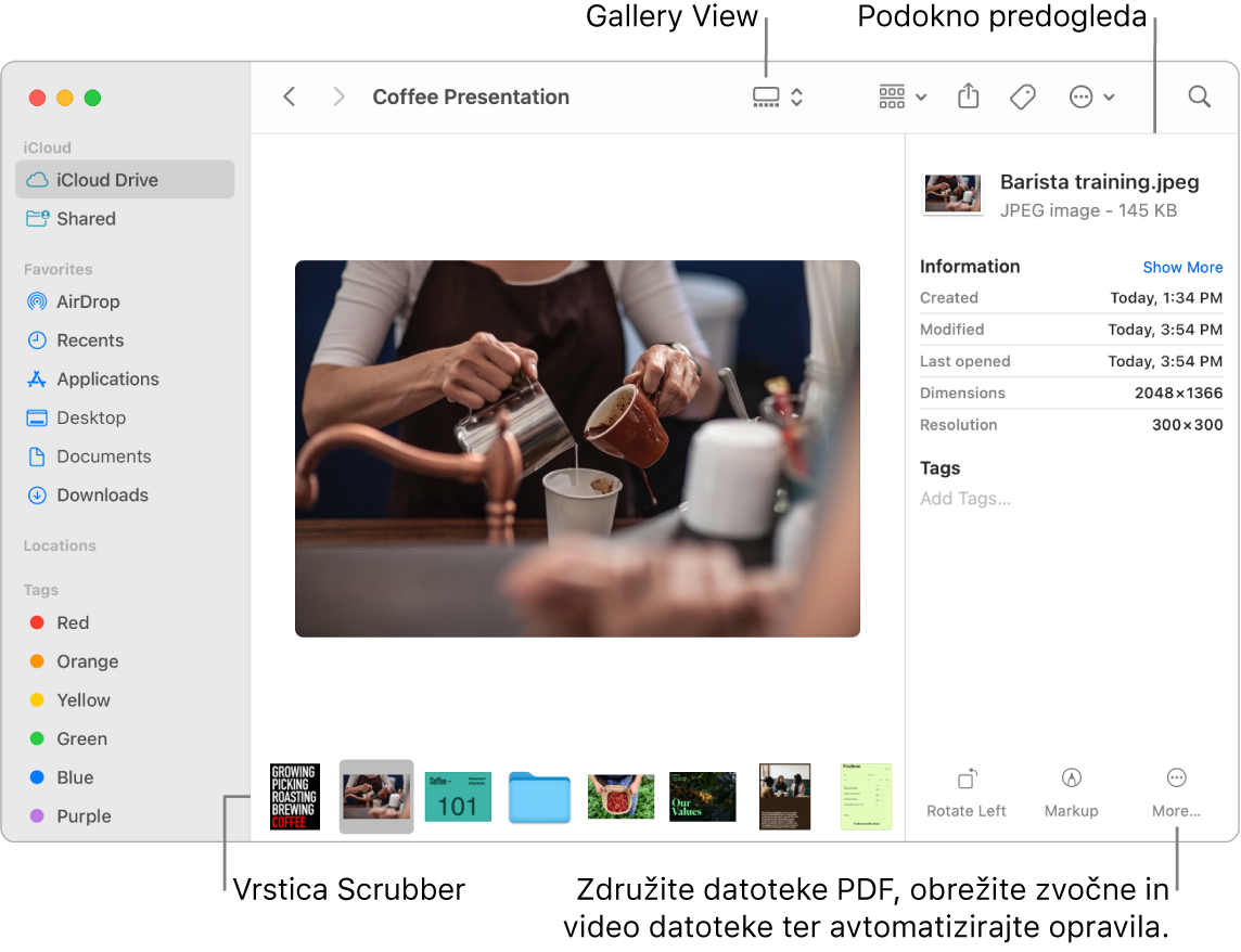 Odprto okno aplikacije Finder v pogledu Gallery prikazuje veliko fotografijo, pod njo pa je vrstica z manjšimi fotografijami – vrstica za upravljanje. Na desni strani vrstice za upravljanje so upravljalni elementi za obračanje, označevanje in dodatne funkcije.