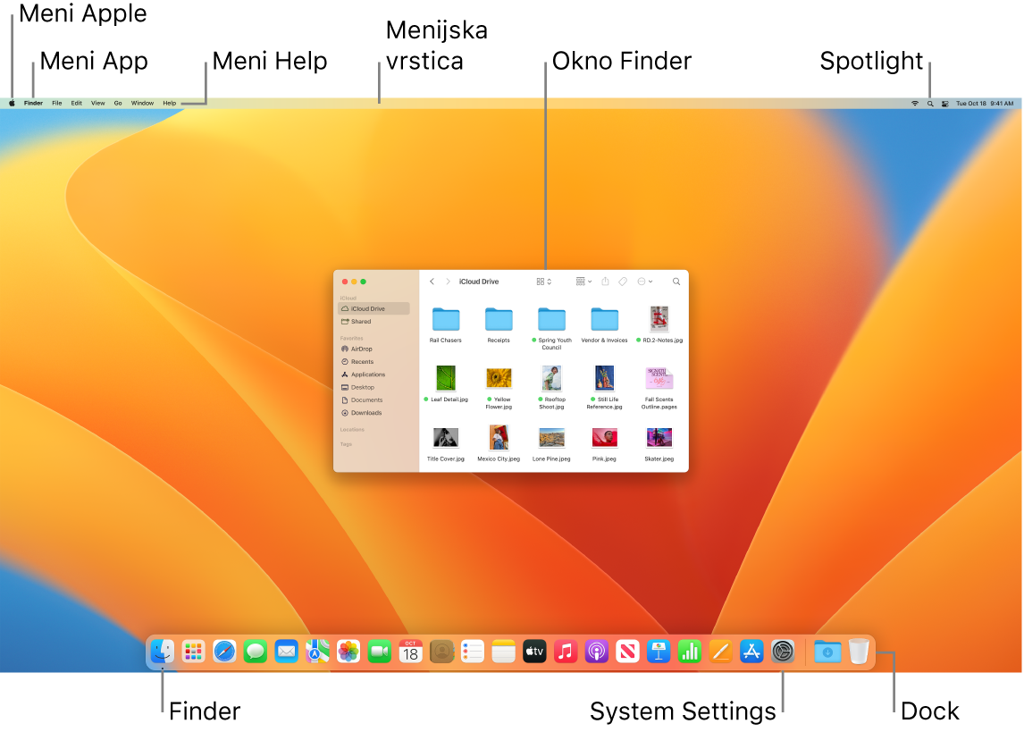 Zaslon Mac s prikazom menija Apple, menija z aplikacijami, menija Help, menijske vrstice, okna Finder, ikone Spotlight, ikone Finder, ikone System Settings in vrstice Dock.