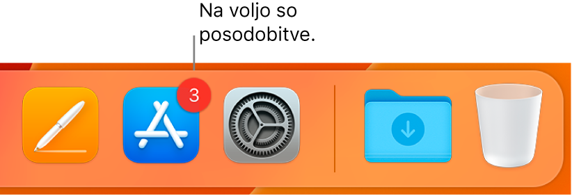 Del vrstice Dock, ki prikazuje ikono trgovine App Store z značko, kar pomeni, da so na voljo posodobitve.