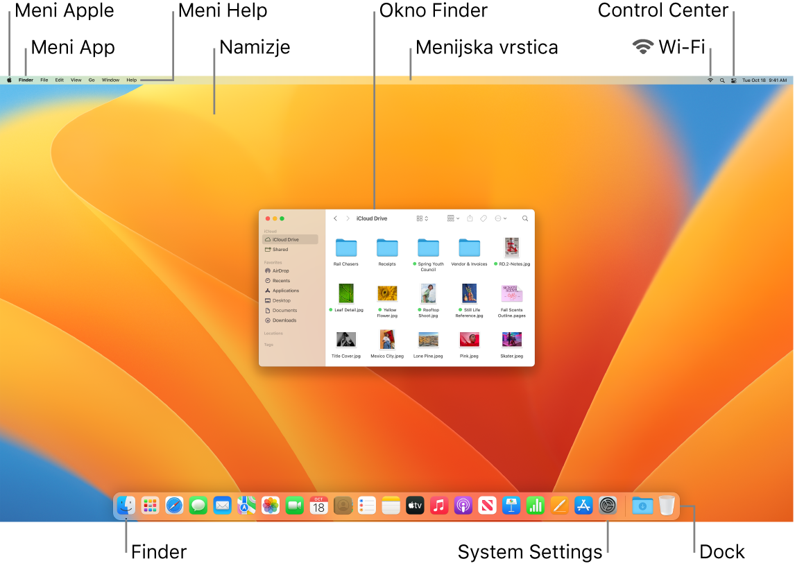 Zaslon računalnika Mac s prikazom menija Apple, menija z aplikacijami, menija Help, namizja, menijske vrstice, okna Finder, ikone omrežja Wi-Fi, ikone Control Center, ikone Finder, ikone System Settings in vrstice Dock.