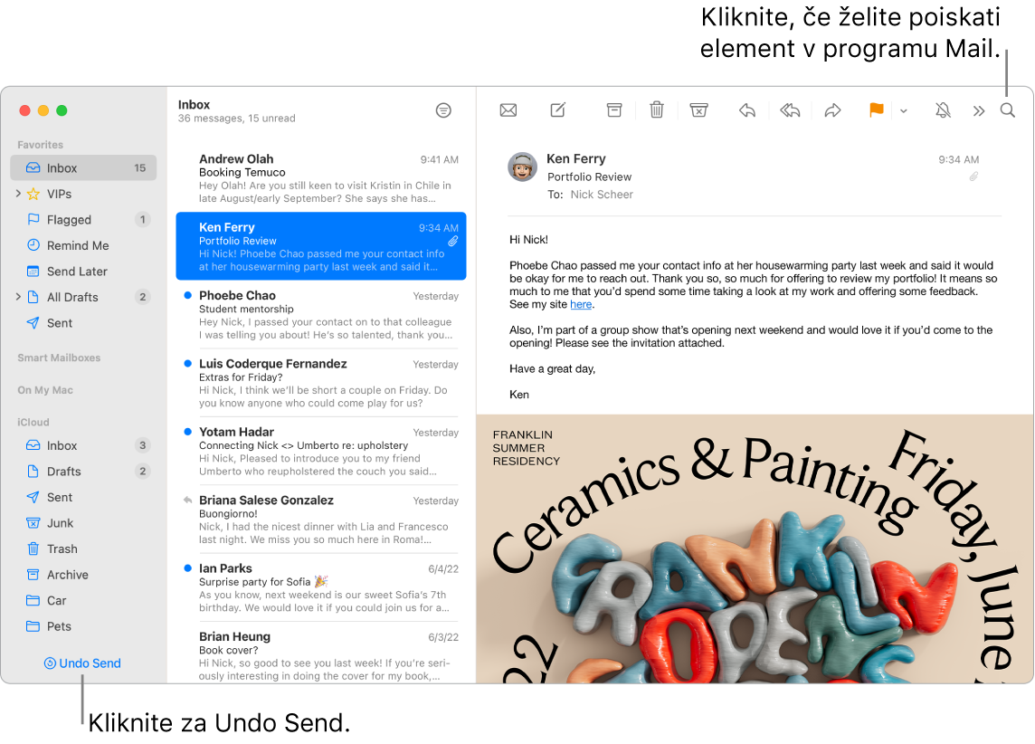 Okno Mail, ki prikazuje stransko vrstico na levi z mapami Favorites, Smart Mailboxes in iCloud, seznam sporočil ob stranski vrstici in vsebino izbranega sporočila na desni.