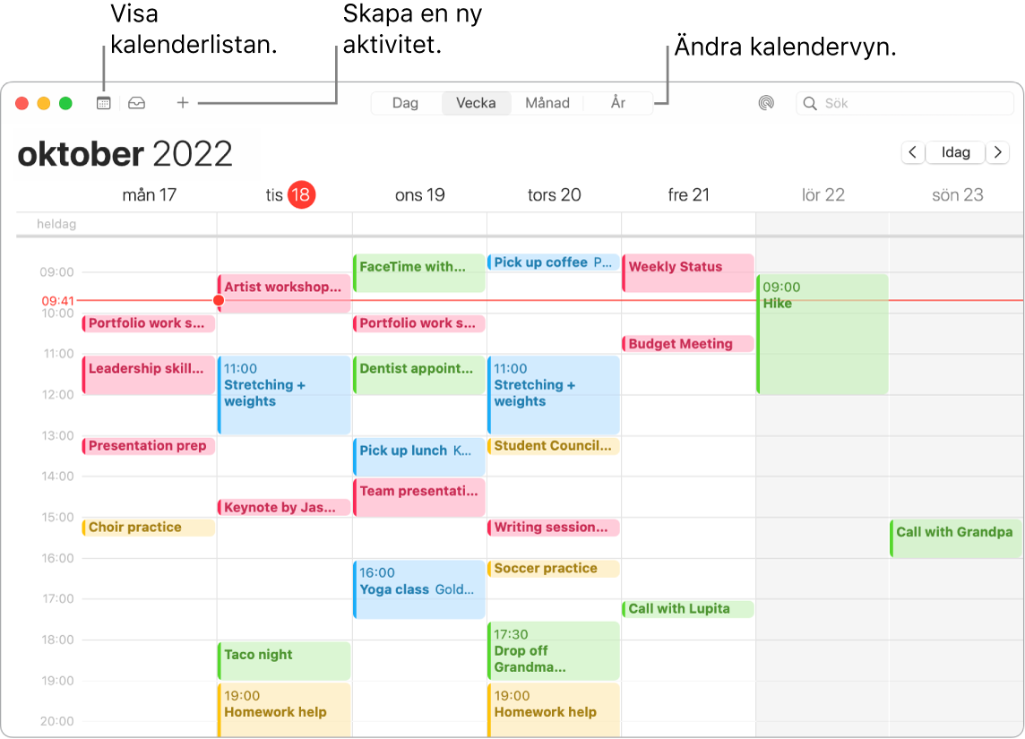 Ett Kalender-fönster som visar kalenderlistan, hur du skapar en aktivitet och hur du väljer dag-, vecko-, månads- eller årsvyn.