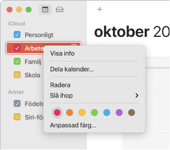 Kontextmeny för Kalender med alternativ för att anpassa en kalenders färg.