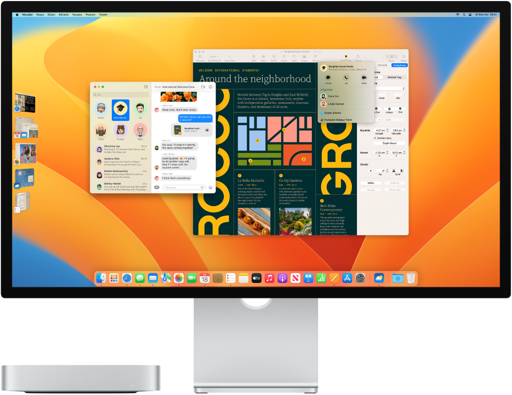 Bir ekrana bağlı Mac mini’nin masaüstünde Denetim Merkezi ve birçok açık uygulama gösteriliyor.