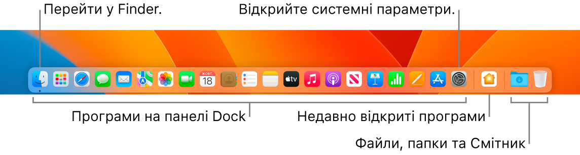 Панель Dock, Finder і Системні параметри та риска, що відокремлює програми від папок і файлів на панелі Dock.