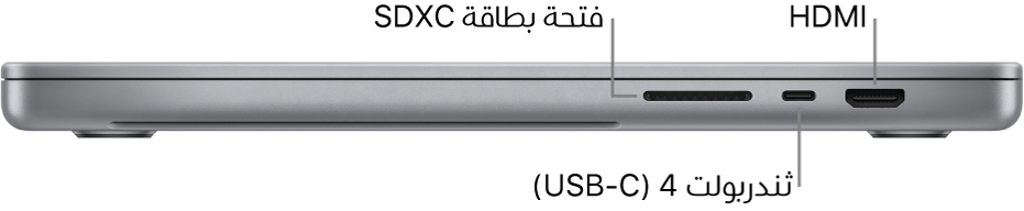 عرض للجانب الأيمن من MacBook Pro مقاس 16 بوصة مع وسائل شرح لفتحة بطاقة SDXC ومنفذ ثندربولت 4 ‏(USB-C) ومنفذ HDMI.