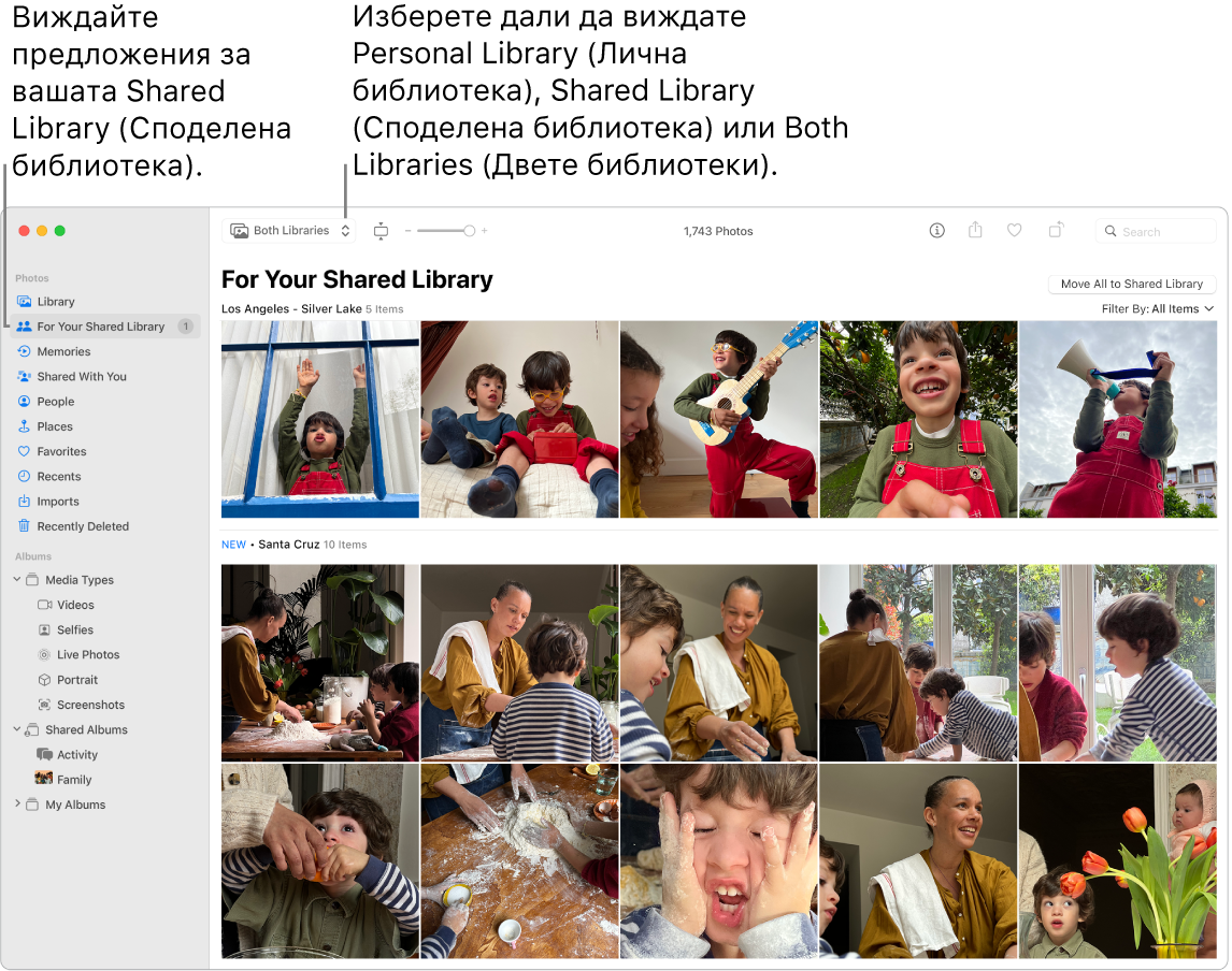 Прозорецът на Photos (Снимки), който показва iCloud Shared Photo Library (Споделена фотобиблиотека в iCloud).