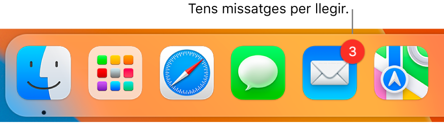 Un fragment del Dock mostrant la icona del Mail amb l’indicador de missatges no llegits.
