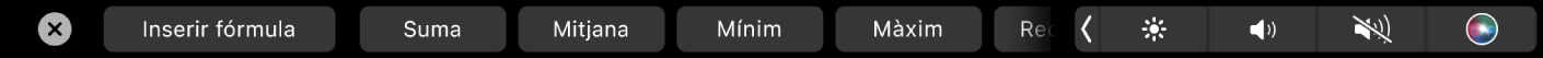 La Touch Bar del Numbers mostrant els botons de Fórmula. Aquests botons inclouen els botons suma, mitjana, mínim i màxim.