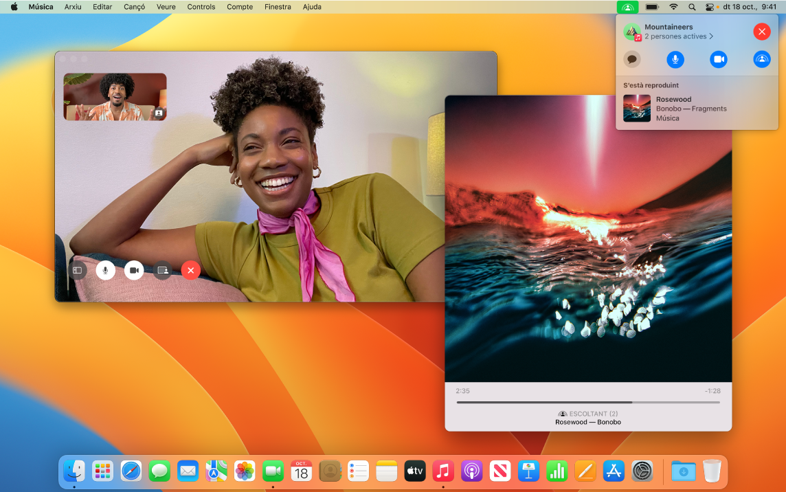 Un grup de persones escoltant des de la finestra del FaceTime una cançó que es reprodueix en una finestra de l’app Música.