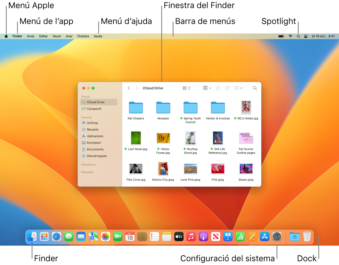Una pantalla de Mac mostrant el menú Apple, el menú App, el menú Ajuda, una finestra del Finder, la barra de menús, la icona de l’Spotlight, la icona del Finder, la icona de l’app Configuració de Sistema i el Dock.