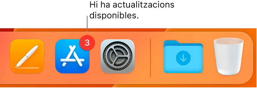 Un fragment del Dock on es veu la icona de l’App Store amb un nombre que indica que hi ha actualitzacions disponibles.