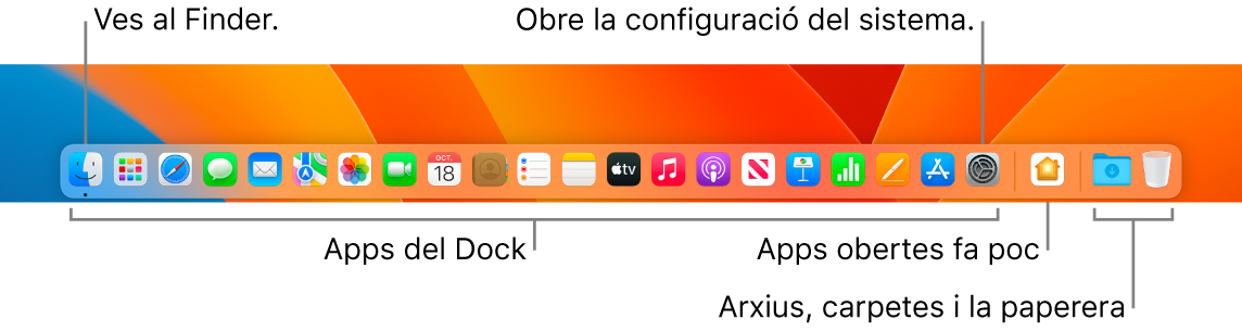 El Dock amb el Finder, l’app Configuració de Sistema i el divisor del Dock que separa les apps dels arxius i carpetes.