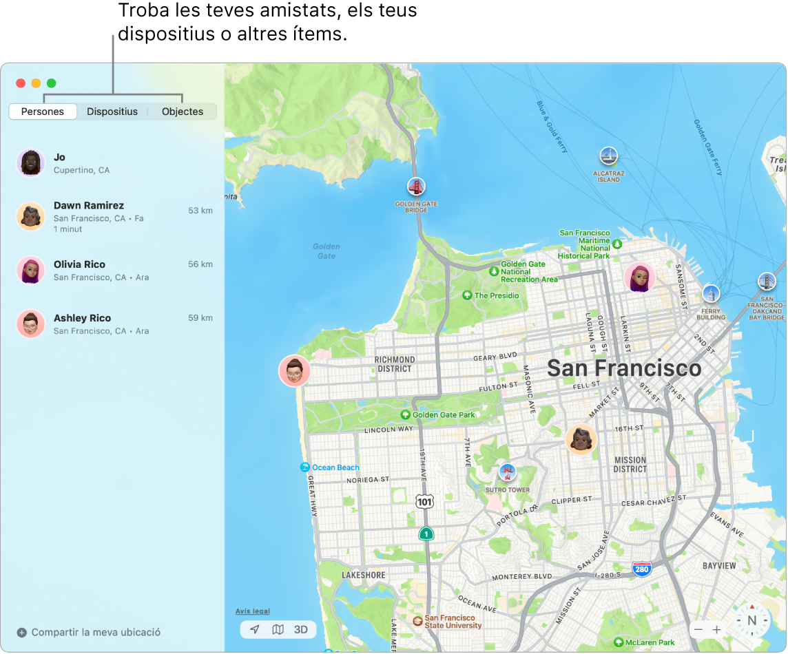Una finestra de l’app Buscar amb la pestanya Persones seleccionada a l’esquerra i un mapa de San Francisco a la dreta amb la teva ubicació i la de dos amics.
