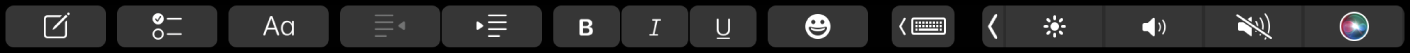 La Touch Bar de l’app Notes amb els botons de format de text. Els controls de format són: alinear a la dreta o a l’esquerra, negreta, cursiva i subratllat. També hi ha un botó per mostrar els suggeriments d’escriptura.