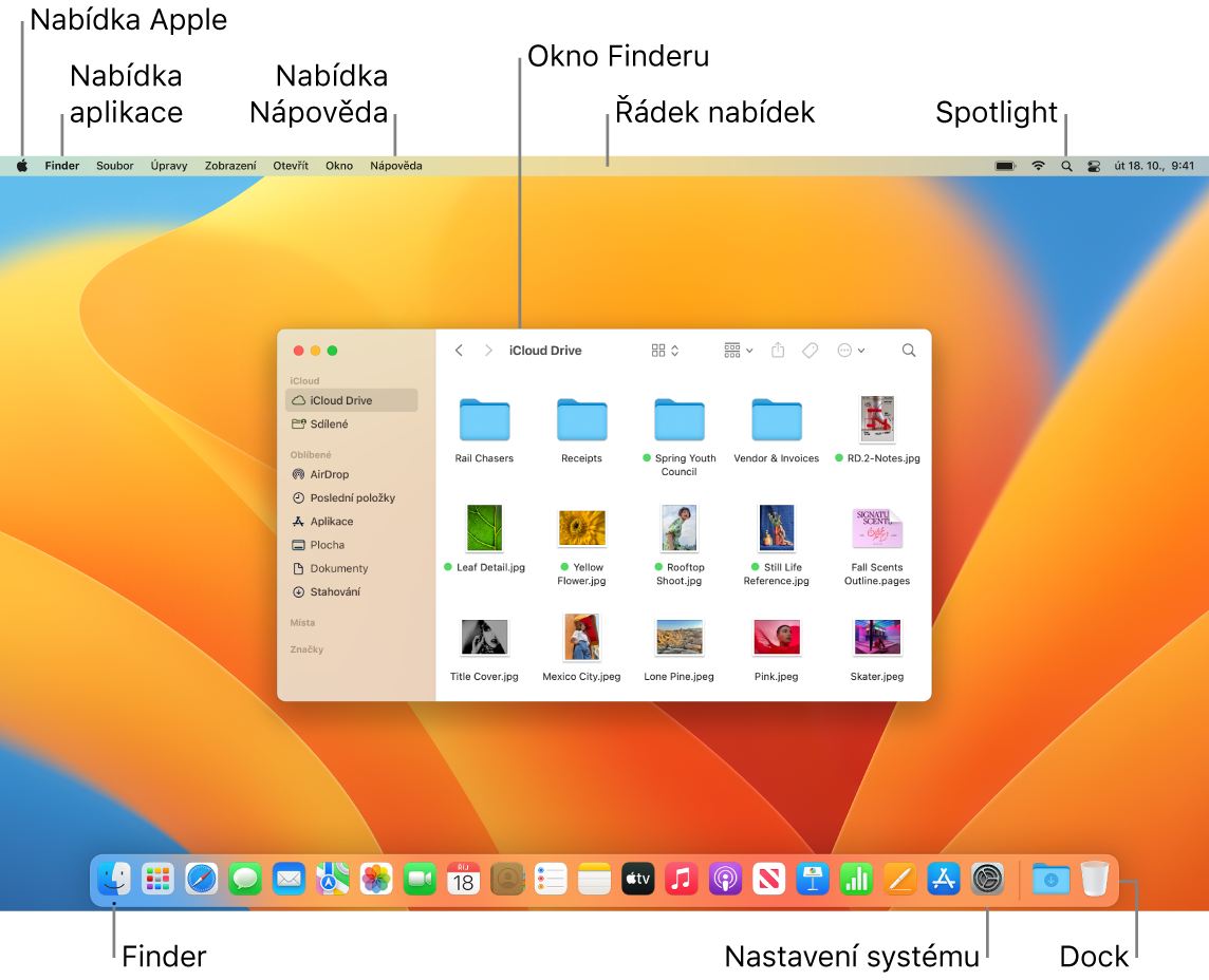 Obrazovka Macu s nabídkou Apple, nabídkou aplikace, nabídkou Nápověda, oknem Finderu, řádkem nabídek, ikonami Spotlightu, Finderu a Nastavení systému a Dockem