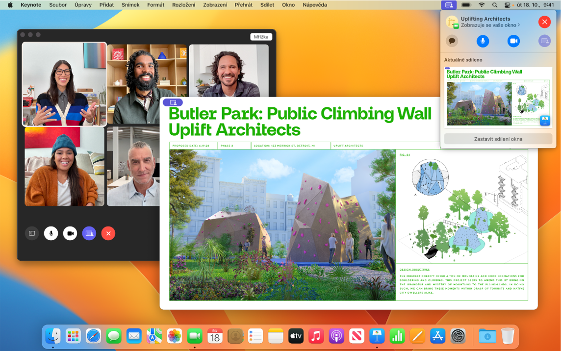 Sdílení obsahu aplikace ve skupině účastníků FaceTime hovoru, otevřené okno Keynote, které si prohlížejí, a menší okno s ovládacími prvky SharePlay