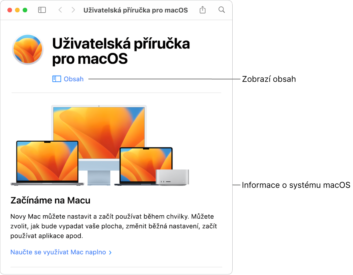 Úvodní stránka Uživatelské příručky pro macOS s odkazem na obsah