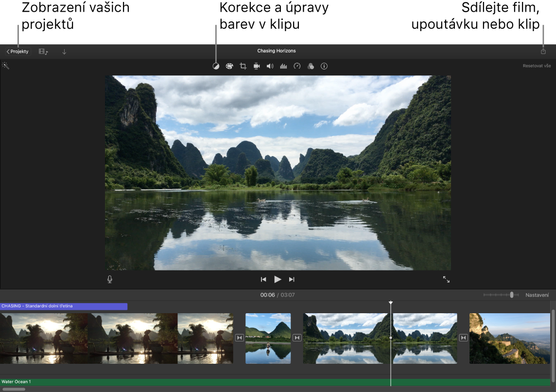 Okno iMovie s popisky tlačítek pro prohlížení projektů, korekci a úpravy barev a sdílení filmů, upoutávek či filmových klipů