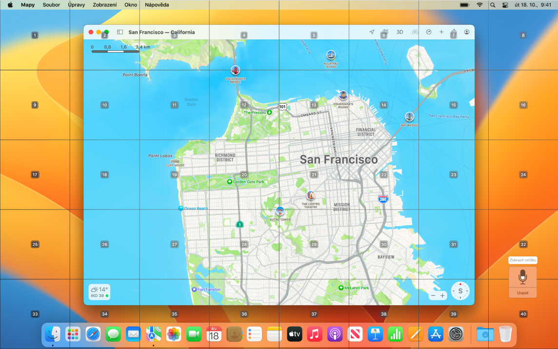 Aplikace Mapy otevřená na ploše a překrytá mřížkou