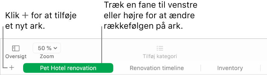 Et Numbers-vindue, der viser, hvordan du tilføjer et nyt ark og flytter rundt på ark.