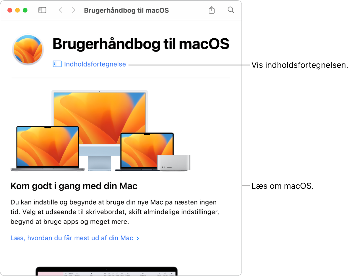 Velkomstsiden i Brugerhåndbog til macOS, der viser linket Indholdsfortegnelse.