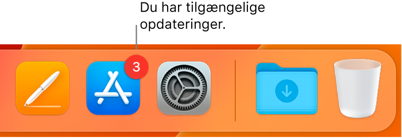 En del af Dock, der viser symbolet for App Store med et mærke, som viser, at der er tilgængelige opdateringer.