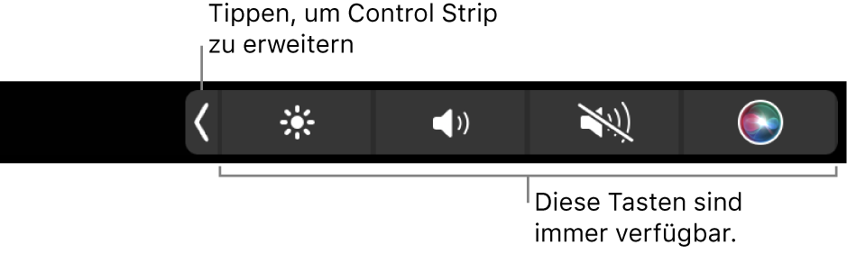 Teilbildschirm der standardmäßigen Touch Bar mit reduziertem Control Strip mit Tasten, die immer verfügbar sind: Helligkeit, Lautstärke und Stumm. Tippe auf die Tasten zum Erweitern, um den vollständigen Control Strip anzuzeigen.
