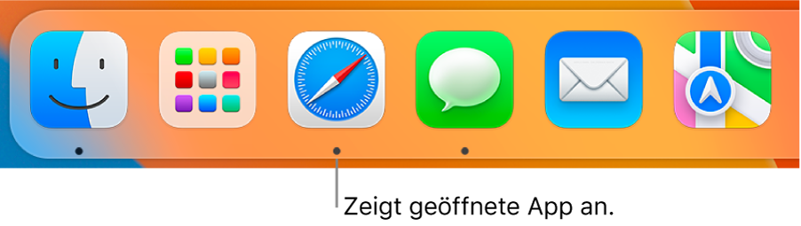 Ein Ausschnitt des Docks, in dem schwarze Punkte unter geöffneten Apps angezeigt werden.