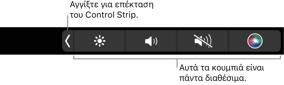 Ένα μέρος του προεπιλεγμένου Touch Bar, όπου εμφανίζεται το συμπτυγμένο Control Strip με τα κουμπιά που είναι πάντα διαθέσιμα: φωτεινότητα, ένταση ήχου και σίγαση. Αγγίξτε το κουμπί επέκτασης για εμφάνιση ολόκληρου του Control Strip.