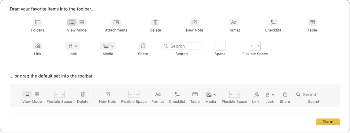 A Notes window showing the customize toolbar options that are available.