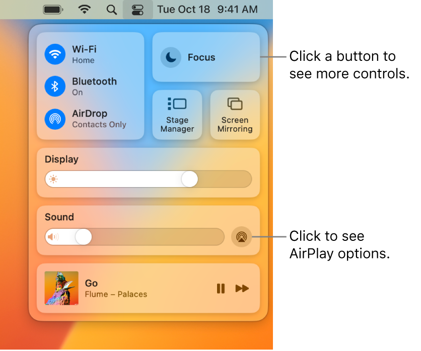 Zoomed in view of Control Center on your Mac with a callout to the Display button.