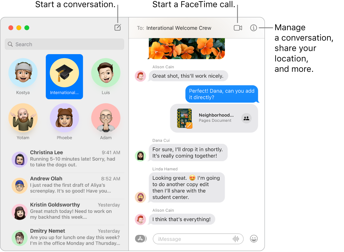 A Messages window showing how to start a conversation and how to start a FaceTime call.
