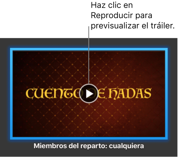 Pantalla de un tráiler de iMovie mostrando el botón Reproducir.