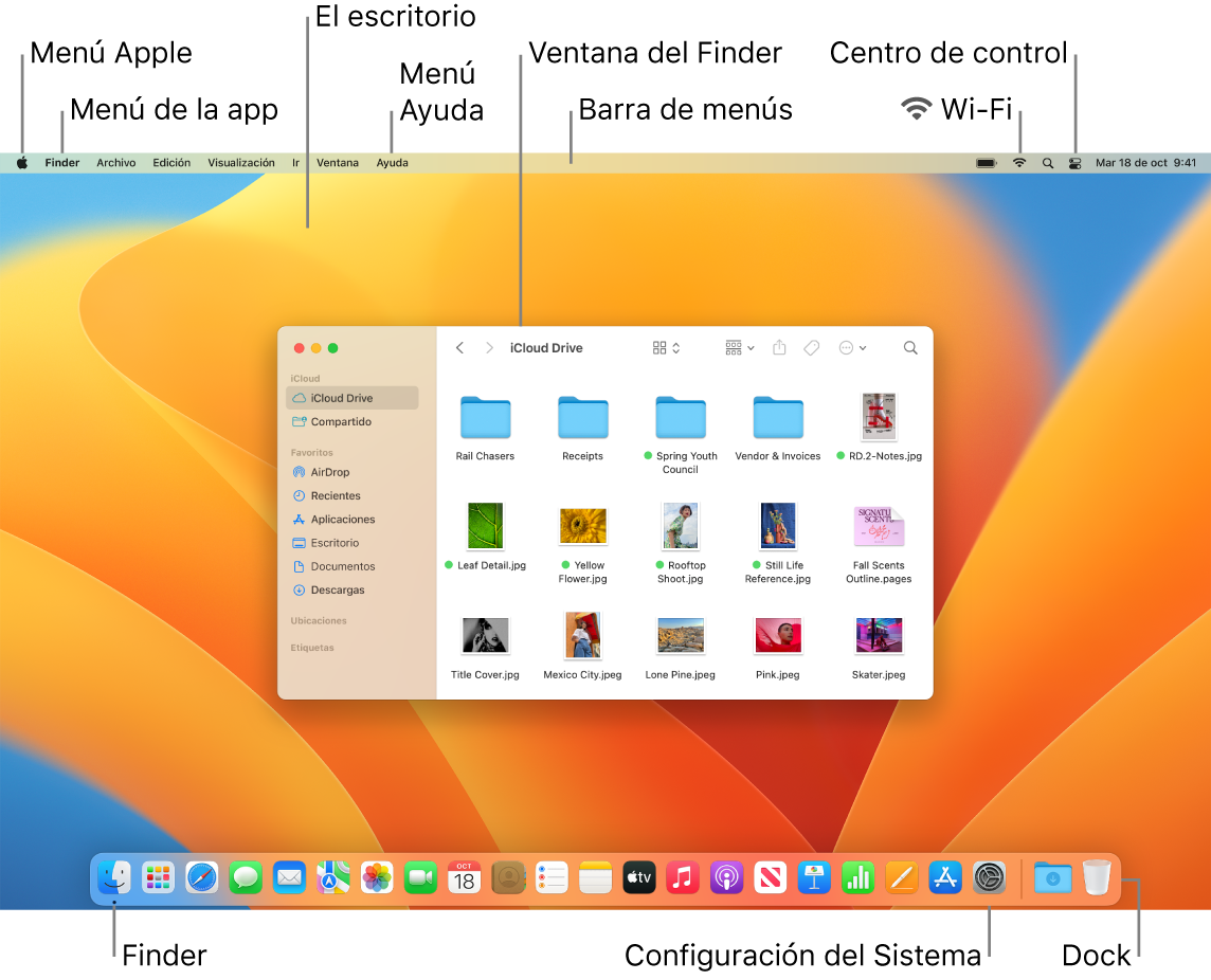 La pantalla de una Mac mostrando el menú Apple, el menú de la app, el escritorio, el menú Ayuda, una ventana del Finder, la barra de menús, el ícono de Wi-Fi, el ícono del Centro de control, el ícono del Finder, el ícono de Configuración del Sistema y el Dock.