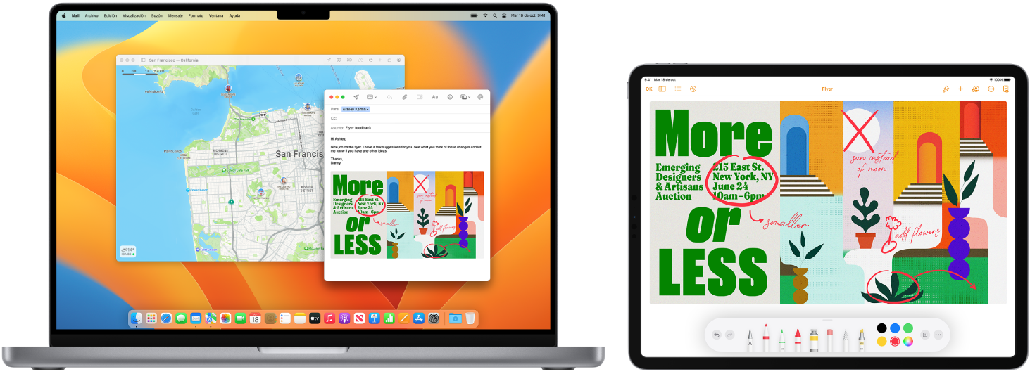 Se muestra una MacBook Pro junto a un iPad. La pantalla del iPad muestra un anuncio con anotaciones. La pantalla de la MacBook Pro tiene un correo de Mail con el diseño del volante con anotaciones del iPad en forma de archivo adjunto.
