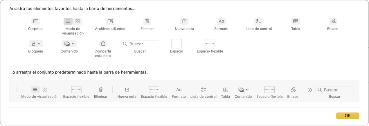 Una ventana de Notas mostrando las opciones disponibles para personalizar la barra de herramientas.