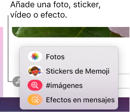 El menú Apps con opciones para mostrar fotos, stickers de Memoji, GIF y efectos en mensajes.