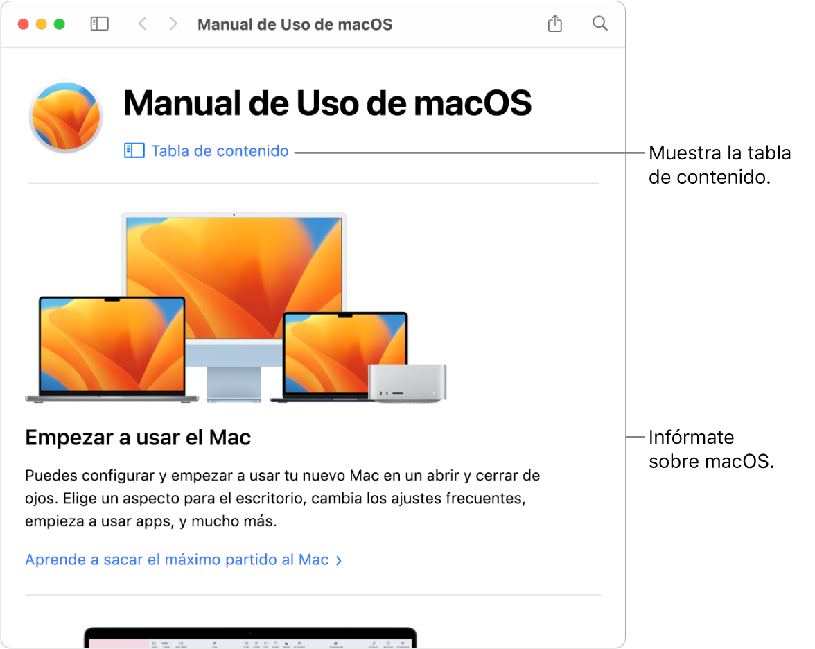 Página de bienvenida del Manual de uso de macOS con el enlace de la tabla de contenido.