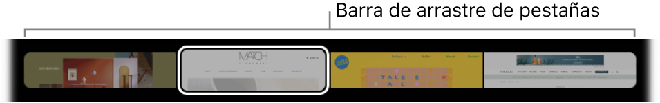 La barra de arrastre de pestañas de la Touch Bar de Safari. Muestra una pequeña previsualización de cada pestaña abierta.